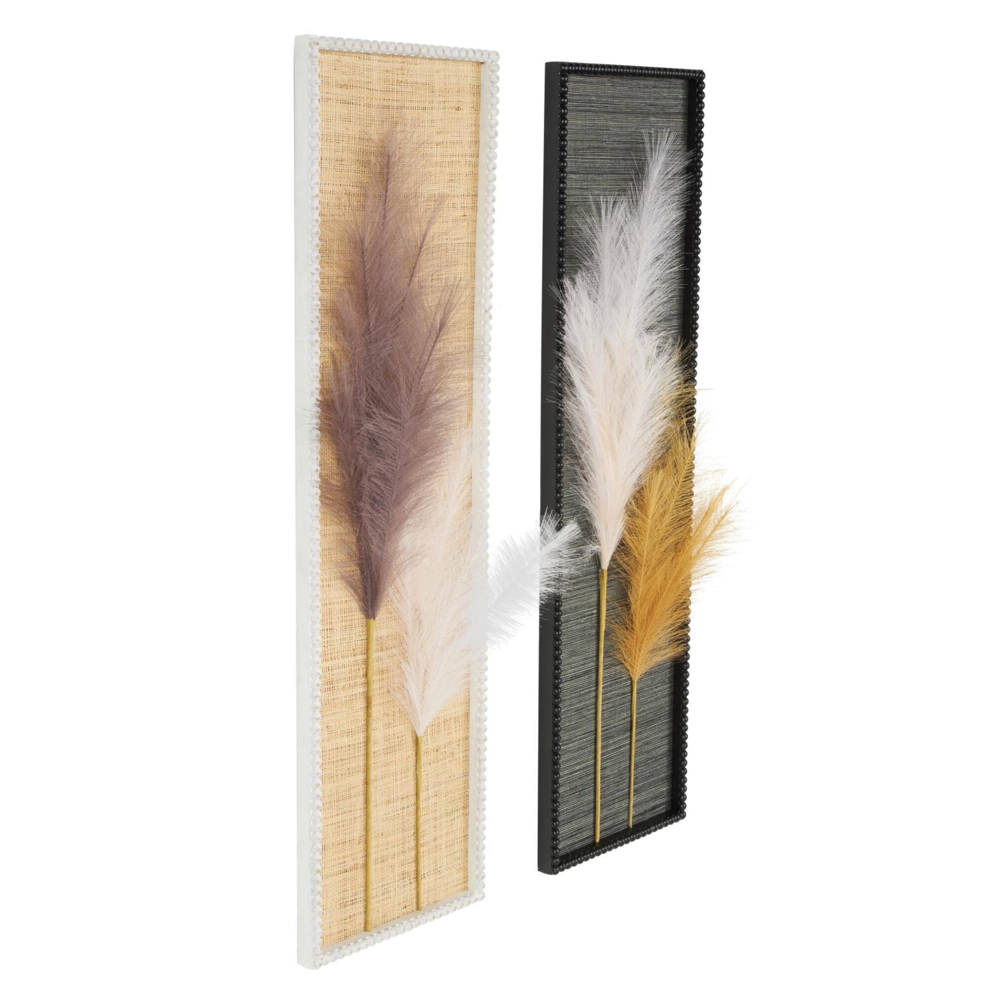 Brown Wood Leaf Handmade 3D Pampas Stem Wall Decor with Beaded Frame, Set of 2